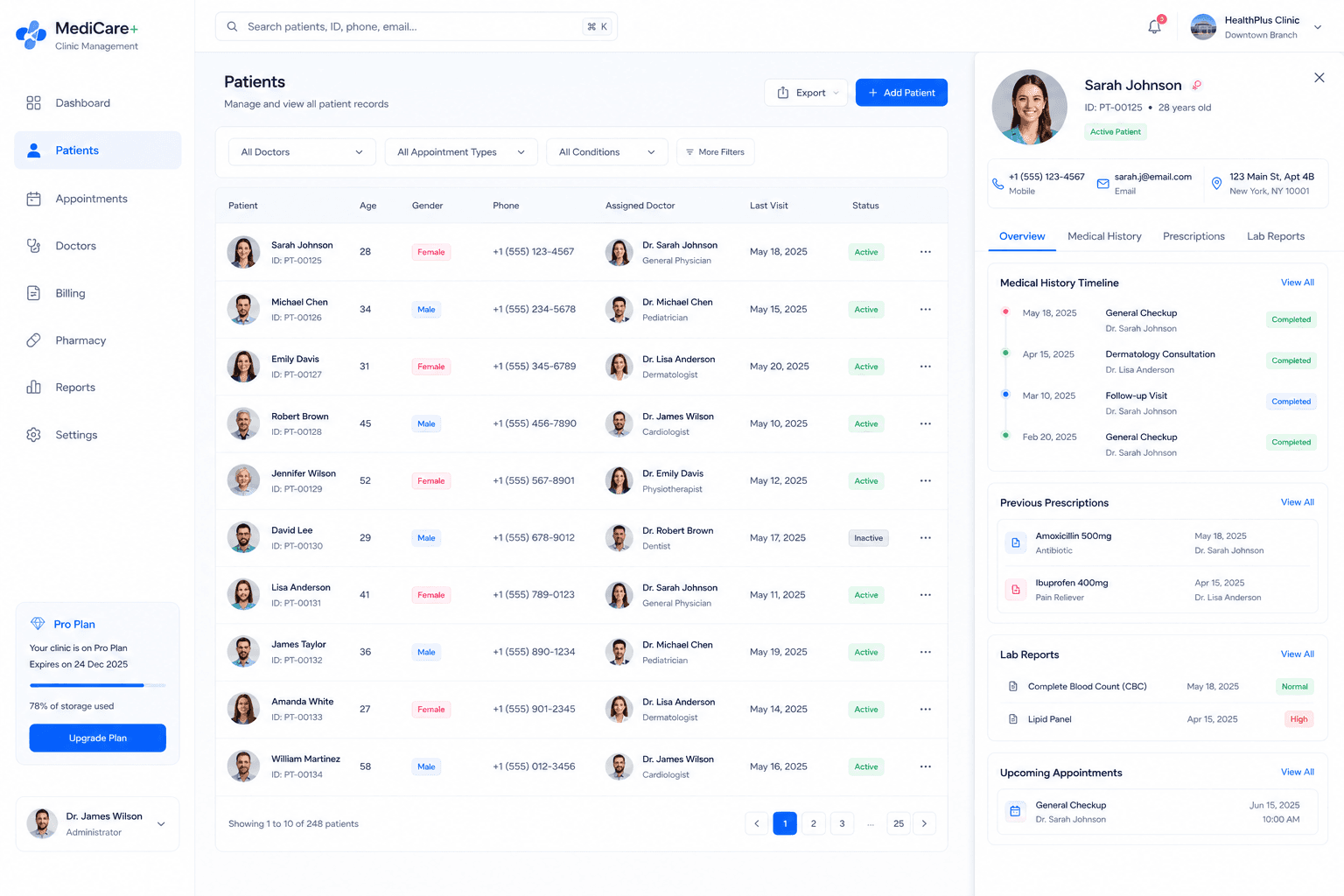 Patient management page with patient directory, filters, profile drawer, medical history, prescriptions, and reports